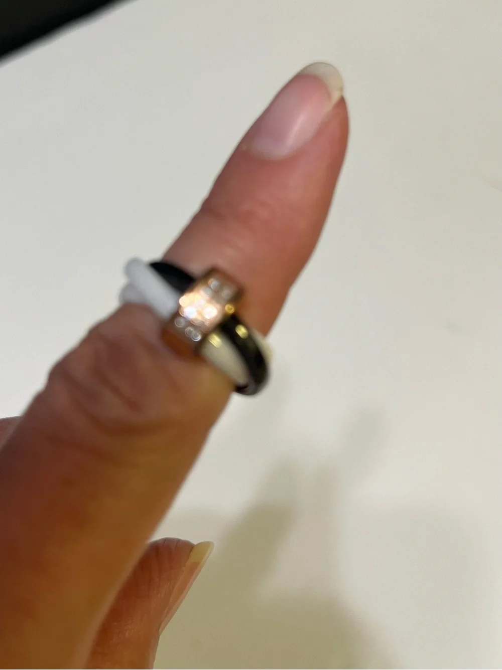 Black and White Ceramic Stack Ring with Rose Gold Accent